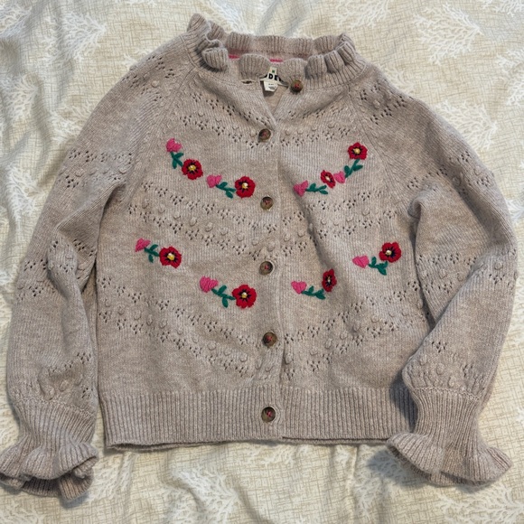 Mini Boden Cream Knit Cardigan with Pink and Red Floral Embroidery Sz 5-6 - Picture 4 of 5
